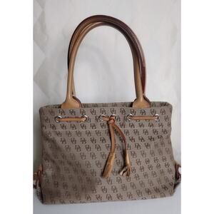 Dooney and Bourke Tan and Brown Canvas and Leather Bag with Tassel